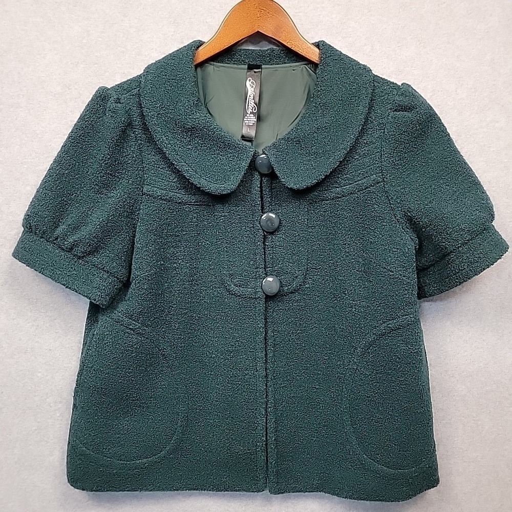 PRIORITIES Wool Blend Forest Green Short Sleeve Jacket Blazer Buttons Lined Sz L